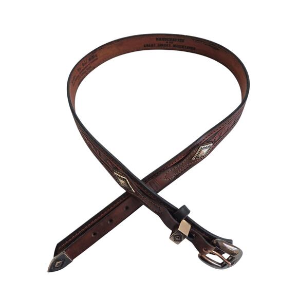 Handcrafted Real McCoy Western Leather Belt Brown Size 42 Tooled Silver USA - Picture 1 of 9
